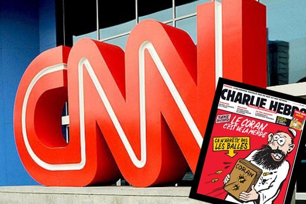 picture of the Charlie Hebdo cover imposed over the CNN headquarters sign