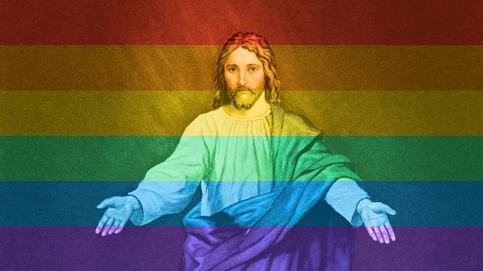 picture of Jesus in the style of the rainbow flag